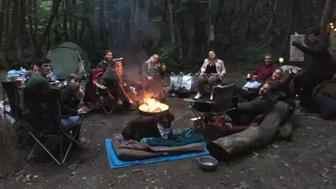Group of campers with black Labrador